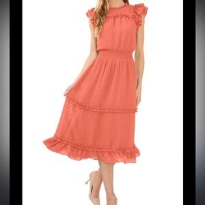 CeCe Coral Midi Dress with Ruffles